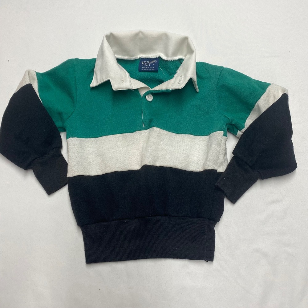 Vintage Indy Knit Kids Rugby Sweatshirt Green Colorblock Made in USA Size 4